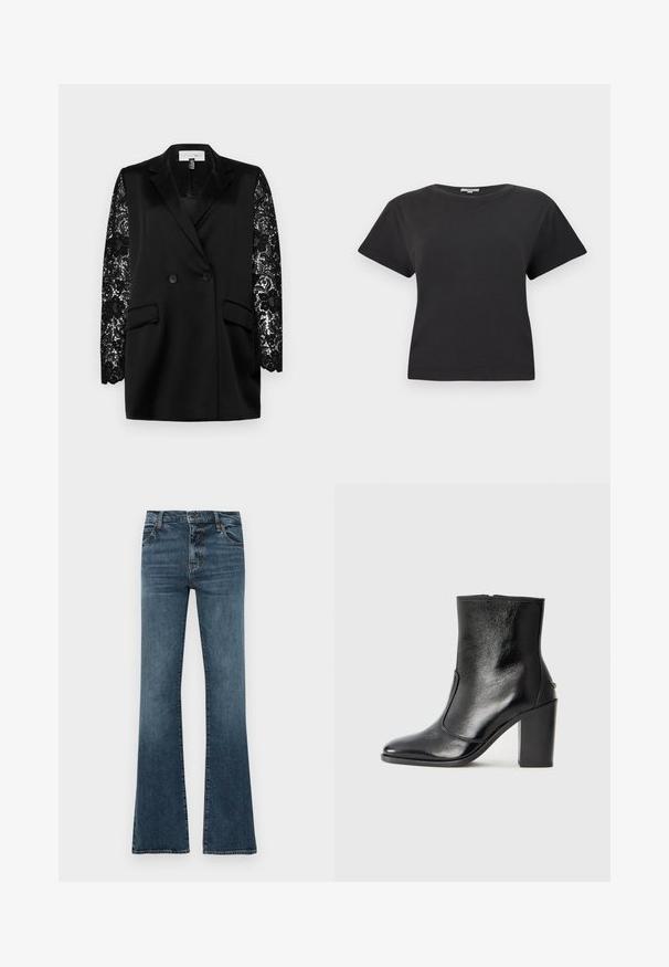 Svart kavaj med dubbelknäppning och två framfickor; har långa spetsärmar med blommönster. Slät satinkänsla.; Svart bomulls-t-shirt med korta ärmar, rund halsringning och avslappnad passform. Inga synliga mönster eller hårdvarudetaljer. Slät textur.; Uppknäppta blå jeans i denim. Har fem fickor, bälteshällor, dragkedja och en något blekt finish. Rakt snitt fram till knäna.; Svart läderankelboot med en slät yta, spetsig tå och en kraftig hög klack. Har en sidöppning och ett minimalistiskt design.