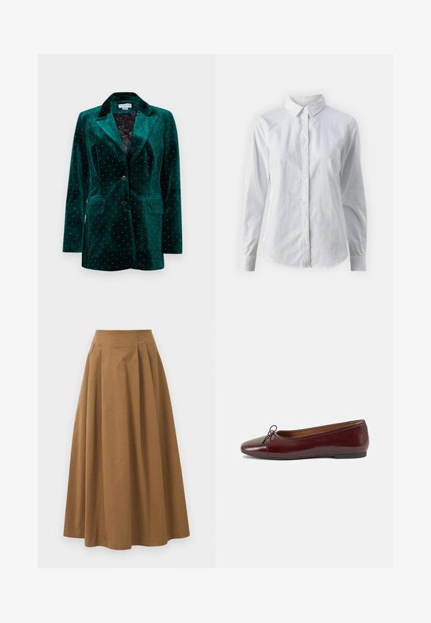 Blazer verde em veludo com colarinho com cortes, fecho de dois botões e bolsos frontais. Apresenta pinos metálicos em um padrão pontilhado na superfície.; Camisa branca de botão feita de algodão suave, com colarinho clássico, mangas longas e bainha curva. Os botões são pequenos e brancos.; Saia A-line de algodão castanho com cintura alta, apresentando pregas na parte da frente e uma textura suave. As bordas da bainha são limpas e simples.; Bailarinas em couro sintético borgonha com bico redondo, pequeno laço na frente e sola baixa em borracha preta. Textura suave.