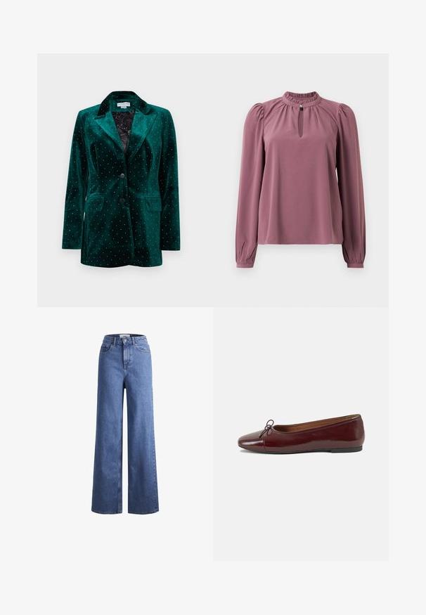 Zelený sametový blejzr s vroubkovaným límcem, zapínáním na dva knoflíky a předními kapsami. Obsahuje kovové hroty v tečkovaném vzoru na povrchu.; Halenka s dlouhým rukávem v barvě mauve, s nařaseným límcem, výstřihem ve tvaru klíče se zapínáním na knoflík a mírně našitými rameny.; Svetle modré denimové široké kalhoty s vysokým pasem, dvěma předními kapsami a viditelným švem. Obsahují knoflíkový a zipový uzávěr.; Burgundské lakové baleríny s kulatou špičkou, malou mašlí vpředu a nízkou černou gumovou podrážkou. Hladký povrch.