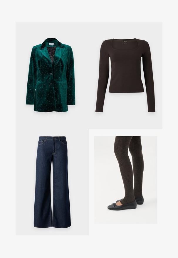 Green velvet blazer with a notched collar, two-button closure, and front pockets. Features metallic studs in a dotted pattern on the surface.; Black long-sleeve, fitted top with a square neckline, labeled GAP, displayed on a white background.; Wide-leg jeans in dark blue denim. Features contrast stitching, five pockets, and a button closure at the waist. Smooth texture.; Black flat shoes with a small bow detail at the toe, paired with dark brown ribbed tights. Shoes have a smooth texture and low profile.