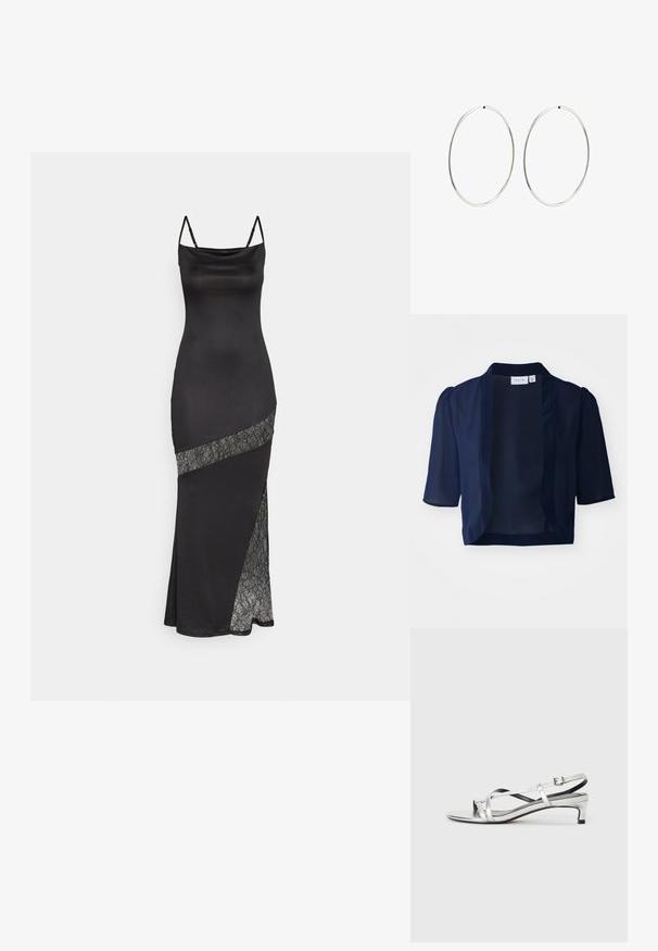 Tumesinine lühikeste varrukatega bleiser, millel on kerge, läbipaistev disain, avatav esiosa ja pehme tekstuur. Omab tagasihoidlikke puhvvarrukaid ja sulgemisi ei ole.; Must musträtik, millel on õhukesed sangad, kaunistatud pitsaktsendiga diagonaalses õmbluses ning külgmise lõhiku lisadetailiks.; Hõbedane metallist suss-sandaal madala kandega, millel on ristuvad rihmad ja sile tekstuur. Minimalistlik disain.; Hõbedased rõngaskõrvarõngad, millel on sujuv, ümmargune disain ja poleeritud viimistlus. Need on õhukesed ja kerged, omades lihtsat klambrit.