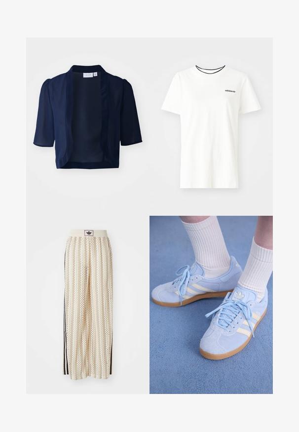 Tengerészkék rövid ujjú blézer, könnyű, áttetsző kialakítással, nyitott elülső résszel és puha tapintással. Finoman puffos ujjakkal rendelkezik, záródások nélküli.; Fehér pamut póló rövid ujjakkal és kerek nyakkivágással. A mellkason egy fekete Adidas logó található, valamint kontrasztos fekete belső gallér.; Krém színű, széles szárú nadrág zigzag mintával, fekete logós derékrésszel és fekete oldalsávokkal. Könnyű, texturált anyag.; Világoskék velúr sportcipők fehér csíkokkal, lapos fűzőkkel és gumi talppal. Domború fehér zoknik vannak viselve a boka felett.