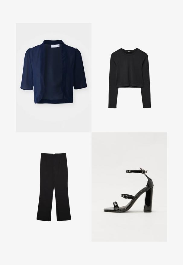 Mörkblå kortärmad blazer med en lätt, genomskinlig design, öppen fram och mjuk textur. Har subtilt puffade ärmar och inga knäppningar.; Svart långärmad croppad topp med rund halsringning, enkel design och en något rundad nederkant.; Svarta byxor med rak passform, utrustade med framfickor och sidoklyvningar vid fållen. Tillverkade av mjukt, slätt tyg. Lämpliga för olika tillfällen.; Svarta lackerade högklackade sandaler med två spännband, fyrkantig tå och en tjock klack, med en slät och glansig yta.