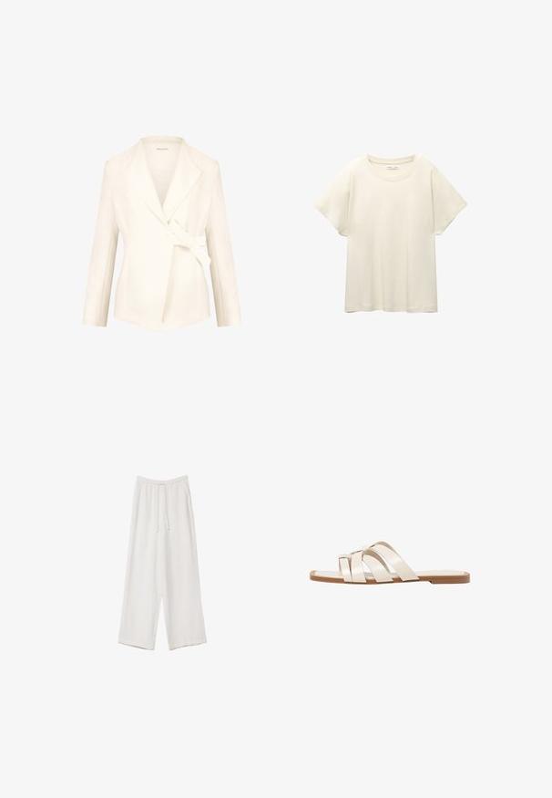 Weißer taillierter Blazer mit Schalkragen, Wickelfront und seitlichem Bindegürtel. Hergestellt aus glattem Stoff, mit langen Ärmeln und strukturierter Form.; Helles beige T-Shirt mit kurzen Ärmeln und Rundhalsausschnitt, aus weichem, glattem Stoff gefertigt. Verfügt über eine lockere Passform und einen geraden Saum.; Weiße weit geschnittene Hose aus leichtem Stoff. Mit einem elastischen Bund und Kordelzug sowie Seitentaschen. Glatte Textur.; Flache Sandalen mit einer honigfarbenen Gummisohle, gestaltet mit drei überlappenden weißen Lederriemen und einem kleinen Schleifendetail in der Mitte.