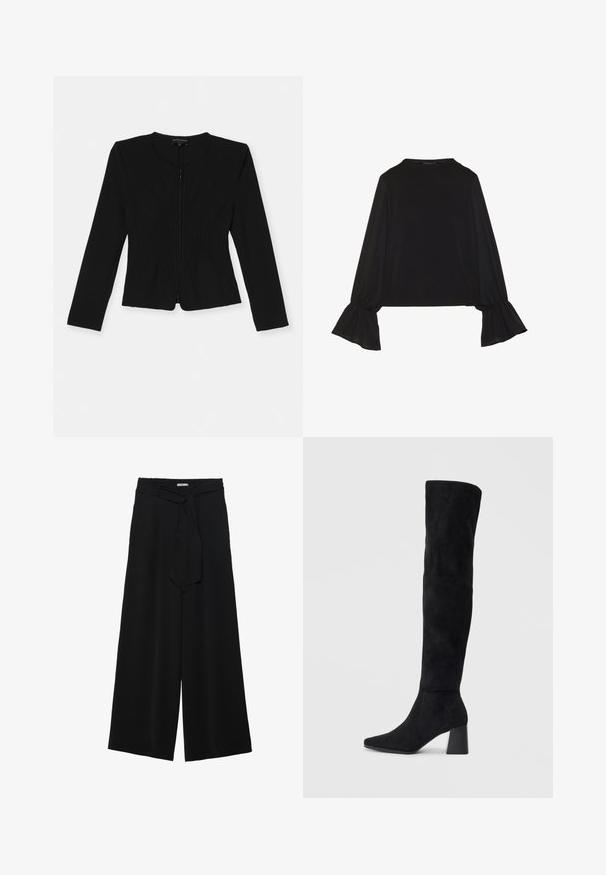Črna zip zadrga jakna z dolgimi rokavi, ki ima teksturiran vertikalni nabran dizajn spredaj in prilega se silhueti.; Črn dolg rokav vrh z razširjenimi manšetami, mehko teksturo in sproščenim krojem, z preprostim okroglim izrezom.; Črne široke hlače iz teksturirane tkanine, z elastičnim pasom in odstranljivim trakom na pasu za prilagodljivo prileganje.; Črne semiš škornje do kolen z blok peto, s koničastim nosom in gladkim, brezšivnim dizajnom na enostavni svetli podlagi.