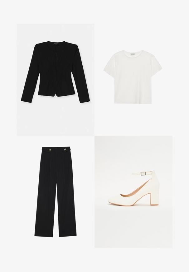 Fekete, cipzáras dzseki hosszú ujjakkal, elülső részén texturált függőleges redőzéssel és testhezálló sziluettel.; Fehér, rövid ujjú póló, puha pamutból készült. Kerek nyakkivágással és laza szabással rendelkezik. Tiszta dizájn, látható minták vagy díszítések nélkül.; Fekete, bő szárú nadrág magas derékkal, gombos részletekkel a derékrészen és elülső pliszékkal.; Fehér magassarkú cipő hegyes orral, tömbsarkal és bokapánttal. Simaság jellemzi, finom fénylő felülettel és bézs bélésborítással.