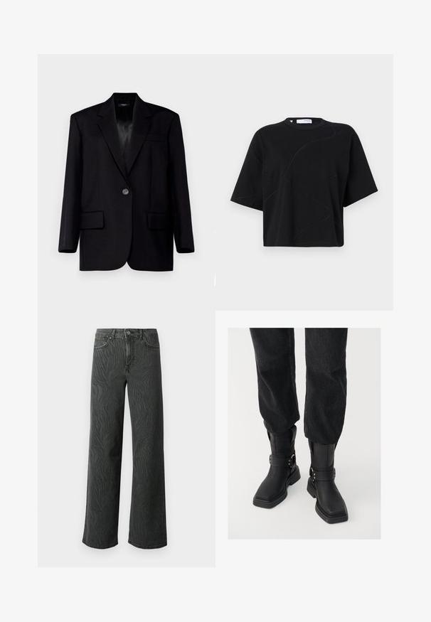 WEEKEND MaxMara BRAVO - Blézer - nero; Fekete, rövidujjú póló kerek nyakkivágással, finoman ívelt varrásmintákkal és lazán, dobozszerű szabással. Pamut anyag.; Sötét szürke denim széles lábú farmer, diszkrét zebra mintás textúrával, kontrasztos varrással és öt zsebes kialakítással, gombos zipzárral.; Fekete bőr bokacsizmák négyzet alakú orral, széles pánttal és fém csattal. A csizmák vastag talppal és sima felülettel rendelkeznek.