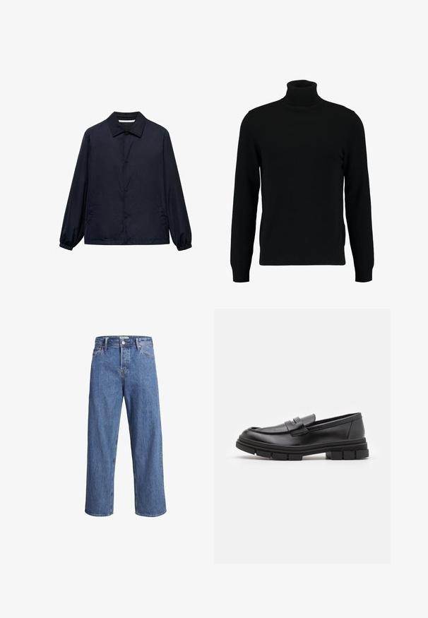 Granatowa, casualowa kurtka z zapinanym przodem, klasycznym kołnierzykiem, elastycznymi mankietami i kieszeniami po bokach. Wykonana z lekkiego, gładkiego materiału.; Czarny sweter z golfem, wykonany z miękkiego, dzianinowego materiału. Posiada długie rękawy, prążkowany kołnierz i dół. Prosty, elegancki design bez wzorów.; Jasnoniebieskie dżinsy o prostym kroju, wysokim stanie i minimalnych detalach szycia. Materiał ma miękką, lekko wyblakłą teksturę.; Czarne skórzane mokasyny o gładkim wykończeniu, z paskiem na przodzie i masywną gumową podeszwą z rowkowaniem.