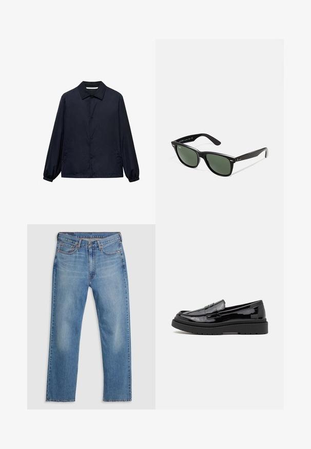 Námornícka modrá bežná bunda s gombíkovým zapínaním vpredu, klasickým golierom, elastickými manžetami a bočnými vreckami. Vyrobená z ľahkej, hladkej tkaniny.; Čierny rolák vyrobený z mäkkého pleteného materiálu. Má dlhé rukávy, rebrovaný golier a lem. Jednoduchý, elegantný dizajn bez vzorov.; Modré džíny s rovnými nohavicami so zavretím na prednej strane pomocou gombíka a zipsu, pútka na opasok a dizajn s piatimi vreckami na bielom pozadí.; Čierne patentové kožené mokasíny s okrúhlou špičkou, ozdobným pásikom a hrubou čiernou gumovou podrážkou. Hladký lesklý povrch s minimálnym prešitím.; Čierne plastové slnečné okuliare so zelenými šošovkami, štvorcové rámy, strieborný akcent na obočí a textúrované ramenné opierky. Brand uvedený na vnútornej strane ramien.