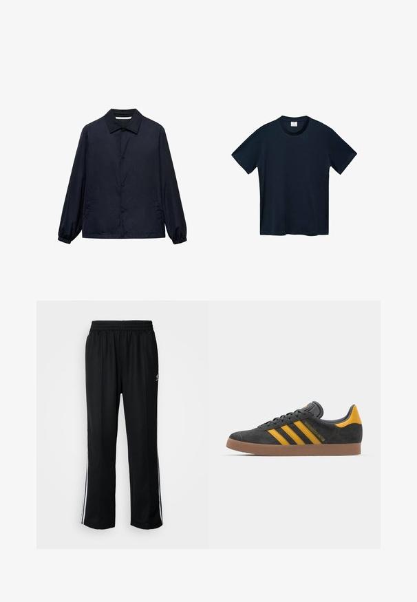 Giacca casual blu navy con chiusura a bottoni, colletto classico, polsini elasticizzati e tasche laterali. Realizzata in tessuto leggero e liscio.; T-shirt a maniche corte di colore blu navy realizzato in morbido cotone, con scollo rotondo e orlo dritto senza motivi visibili.; Pantaloni da allenamento neri con elastico in vita, dotati di bande laterali bianche e un piccolo logo. Il materiale sembra morbido e leggero.; Sneaker in suede nero con dettagli gialli, dotato di tre strisce e una suola in gomma marrone. Include una linguetta imbottita per il comfort.
