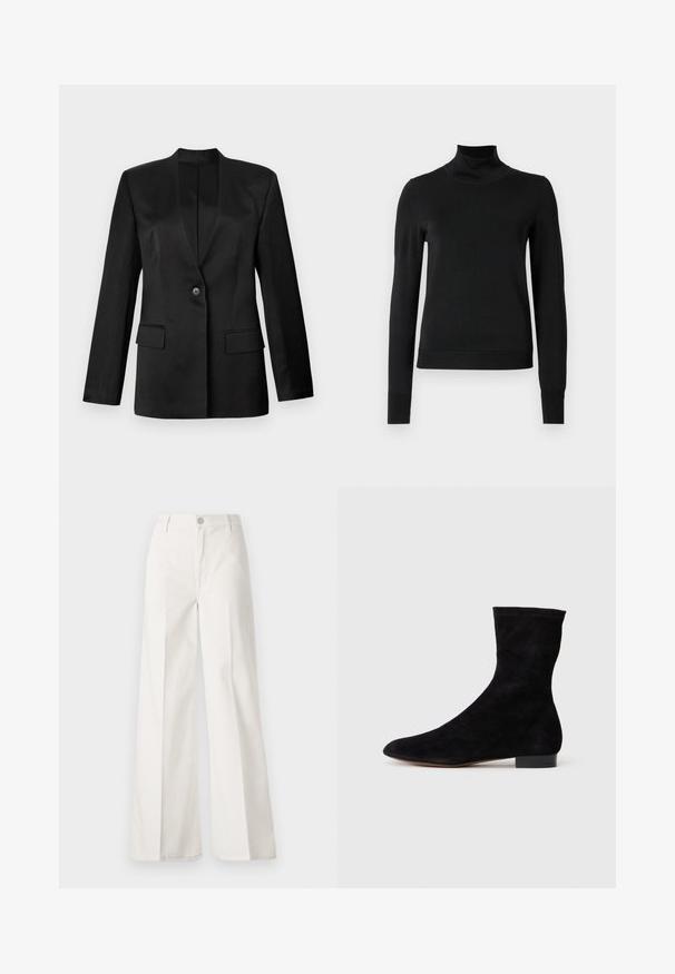 Juodas švarkas su vienu mygtuku, įpjovomis apykaklėmis ir dviem priekinėmis kišenėmis. Pagamintas iš lygaus audinio su struktūrine silueto forma.; Juoda ilgomis rankovėmis turtleneko tipo megztinis su rebruotomis rankovėmis ir apačia, eksponuojamas ant paprasto balto fono.; Balti platūs baltos spalvos keliai, pagaminti iš medvilnės su lygiu paviršiumi. Yra priekinis mygtukas, užtrauktukas ir keturi kišenės.; Juoda zomšo kulkšnė su prigludusia ašimi, smailiu pirštu ir žemu bloku. Lygus paviršius ir minimalistiškas dizainas, tinkantis įvairiems stiliams.