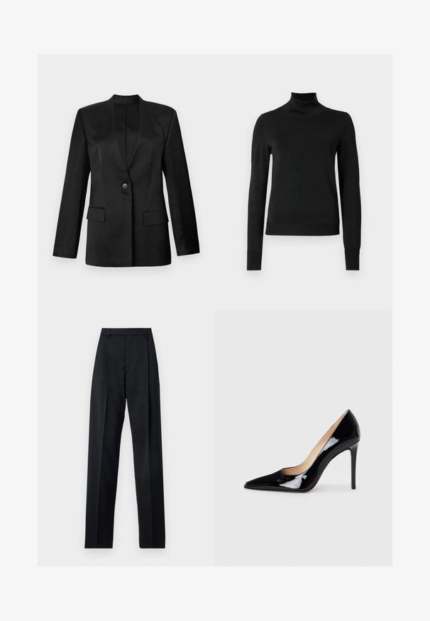 Sacou negru cu închidere cu un singur buton, rever fix și două buzunare frontale. Fabricat dintr-un material neted cu o siluetă structurată.; Pulover negru cu mânecă lungă și guler tip colier, cu manșete și tiv cu elastic, expus pe un fundal alb simplu.; Pantaloni negri dintr-un material neted, cu talie înaltă, picioare largi, pliuri frontale și loop-uri clasice pentru curea. Fără buzunare laterale vizibile.; Pantofi cu toc înalt din piele patent neagră, cu un design cu vârf ascuțit și o siluetă elegantă. Prezintă un finisaj neted și strălucitor și un toc subțire de tip stiletto.