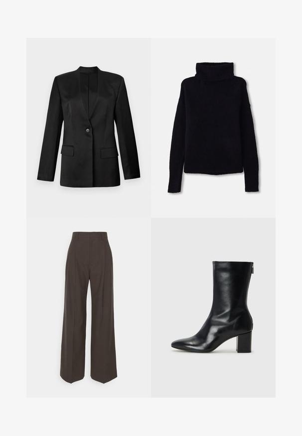 Crni sako s jednim dugmetom, rever kragnom i dva prednja džepa. Izrađen od glatkog materijala s čvrstom siluetom.; Crna, debela pletena puloverica s visokim, rebrastim vratom i dugim rukavima. Mekana tekstura, ravni rub, bez vidljivih uzoraka ili ukrasa.; Tamno smeđi hlače širokih nogavica s visokim strukom, s uredno peglanim naborima, glatkom teksturom i krojem koji dobro pristaje.; Crne kožne gležnjače s oštrim vrhom i blok petom visokom 4 cm. Elegantni dizajn s bočnim patentnim zatvaračem za jednostavno obuvanje. Glatka tekstura.