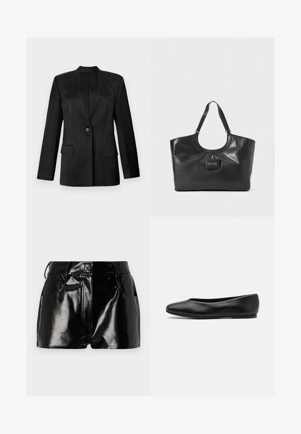 Black blazer with a single button closure, notched lapels, and two front pockets. Made of smooth fabric with a structured silhouette.; Sleeveless turtleneck top with vertical black and white stripes, made of a textured knit fabric, featuring a high, snug collar.; Black, glossy shorts made of synthetic material. Features a fitted waist, belt loops, and front pockets with prominent stitching details.; Paul Smith TOPANGA - Ballet pumps - black; Black leather tote bag with a glossy finish, curved top, two shoulder straps, and a gold-tone hardware accent on the front.