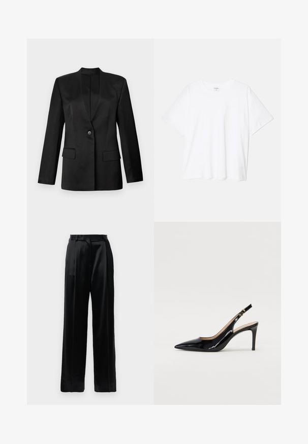 Mustassa jakussa on yksittäinen nappisuljenta, lovet läpät ja kaksi etutaskua. Se on valmistettu sileästä kankaasta, ja siinä on rakennettu siluetti.; Valkoinen puuvillapaita lyhyillä hihoilla, pyöreällä pääntiellä, rentoa tyyliä ja ommeltu helma. Tunniste näkyvissä sisäkauluksessa.; Mustat korkeavyötäröiset satiinihousut, joissa on suorat leveät lahkeet, vyölenkit ja litteä etulukko vaalean valkoista taustaa vasten.; Musta lakattu nahkainen slingback-korkokenkä, jossa on terävä kärki, kapea korko ja hillitty leikkaussuunnittelu. Varressa on kultainen solki.