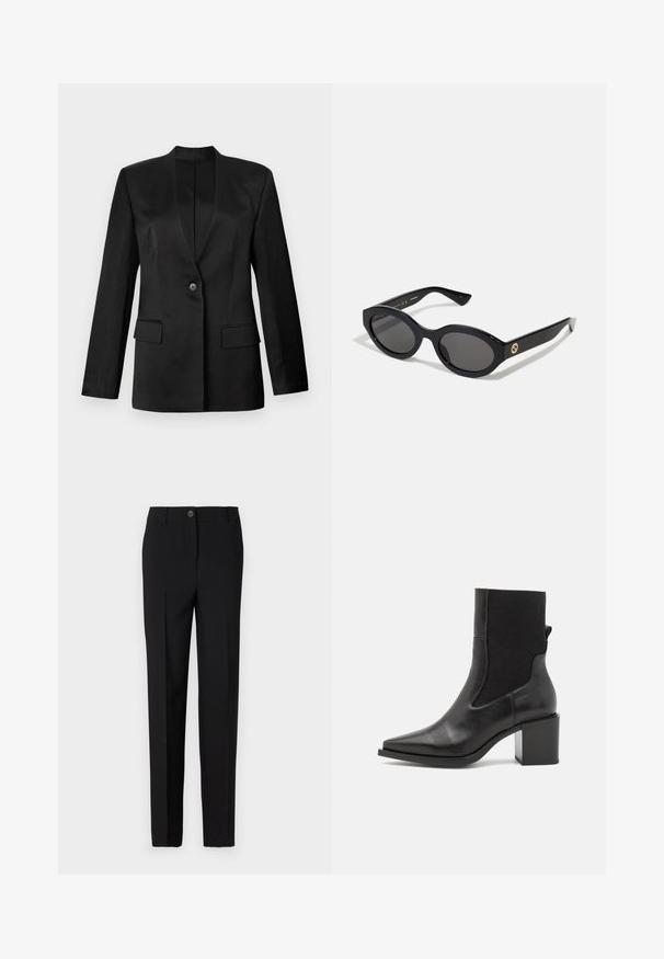 Sacou negru cu închidere cu un singur buton, rever fix și două buzunare frontale. Fabricat dintr-un material neted cu o siluetă structurată.; Top lung cu mânecă lungă, cu imprimeu leopard, având un gât înalt, realizat dintr-un material elastic. Are o bază bej cu pete maronii. Textură netedă, design ajustat.; Pantaloni negri croiți, cu un design drept, având sistem de închidere cu nasture și centură, confecționați dintr-un material neted.; Cizmă ankle neagră cu vârf ascuțit, fabricată din piele netedă și țesătură elastică. Prezintă un toc pătrat și un design minimalist.; Ochelari de soare ovali negri cu lentile întunecate și ramă din plastic lucios. Prezintă un logo aurit pe bradă, oferind un design elegant și modern.