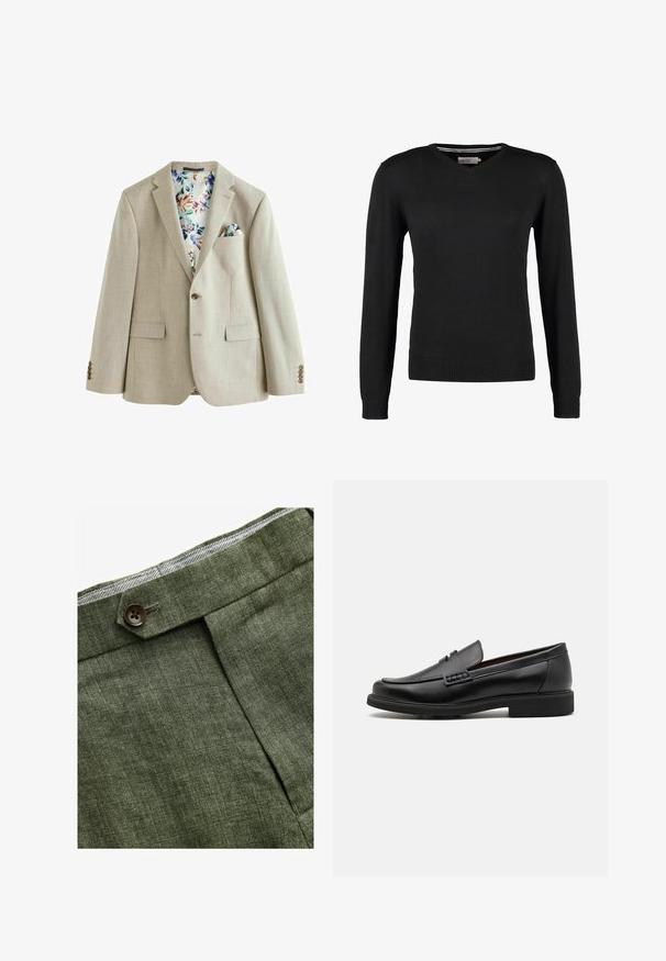 Hellbeige Blazer aus strukturiertem Stoff, mit einem Knopfverschluss, zwei vorderen Taschen und einem Futter mit Blumenmuster. Enthält ein Einstecktuch.; Schwarzer, taillierter V-Ausschnitt-Pullover mit langen Ärmeln. Hergestellt aus weichem Strickstoff, mit gerippten Bündchen und Saum. Minimalistisches Design.; Weißes Baumwoll-T-Shirt mit rundem Ausschnitt, kombiniert mit navyblauen, gefalteten Hosen und einem braunen Ledergürtel mit goldener Schnalle.; Olivengrüne Leinenhose mit einem Bundfalten, ausgestattet mit einem Knopfverschluss und einem kontrastierenden karierten Futter am Bund.; Schwarze synthetische Slipper mit einer markanten gesteppten Vorderseite, gepolstertem Fußbett und flacher Gummisohle; schlankes Design mit minimaler Detailverarbeitung.