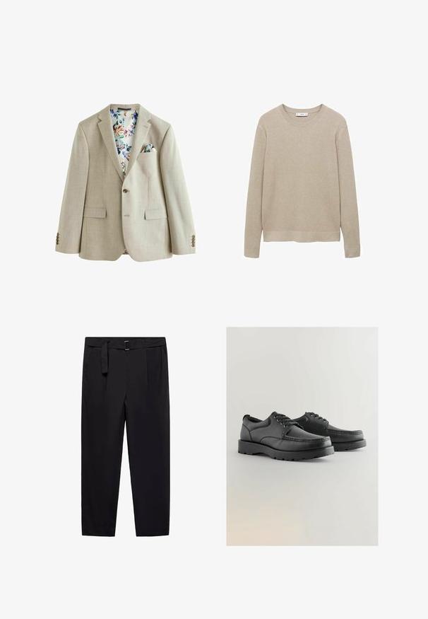 Blazer beige chiaro con tessuto texture, chiusura a un bottone, due tasche frontali e foderato con un motivo floreale. Include un fazzoletto da taschino.; Maglione a coste beige con maniche lunghe, scollatura rotonda e orlo tagliato. Il tessuto appare morbido con un motivo testurizzato.; Pantaloni neri con vestibilità dritta, passanti per cintura e cintura staccabile. Tessuto liscio con tasche laterali e senza motivi o accessori visibili.; Scarpe in pelle nera con tomaia texturizzata, punta tonda, design con lacci e suole spesse in gomma con un motivo di battistrada.