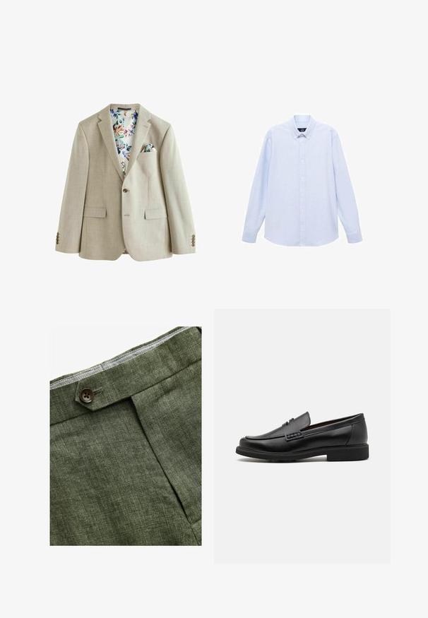 Svijetlosmeđi sako od teksturirane tkanine, s jednim dugmetom, dva prednja džepa i oblogom s cvjetnim uzorkom. Sadrži maramicu za džep.; Svijetloplava košulja dugih rukava s dugim rukavima i klasičnim ovratnikom, ravnim rubom i suptilnom teksturom. Ima središnje kopčanje na gumbe.; Maslinaste zelene lanene hlače s prednjim nabora, s zatvaranjem na dugme i kontrastnom kariranom podlogom na pojasu.; Crne sintetičke loafers cipele s izraženim šavom sprijeda, podstavljenom uloškom i ravnim gumeni potplatom; elegantan dizajn s minimalnim detaljima.