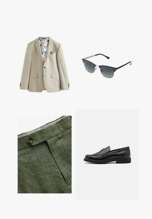 Ljusbeige kavaj med texturerad tyg, enkelknäppning, två framfickor och foder med blommönster. Inkluderar en fickquadrat.; Ljusblå långärmad skjorta med knappar och klassisk krage, rak fåll och subtil textur. Har en central knäppning.; Olivgröna linbyxor med en frontveck, med en knappstängning och en kontrasterande rutigt foder i midjebandet.; Svart syntetiska loafers med en framträdande söm på framsidan, vadderad sula och platt gummiyttersula; elegant design med minimalt detaljerad.; Svarta och silverfärgade solglasögon med kattögaform, gradientlinser och metalliska detaljer på ramen. Plastbågar med gråa tippar.