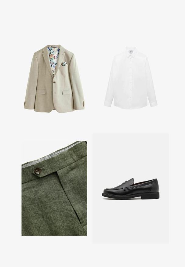 Blazer beige clair en tissu texturé, fermeture à bouton unique, deux poches avant et doublure à motif floral. Il dispose d'un mouchoir de poche.; Chemise blanche à manches longues en tissu lisse, dotée d'un col classique, d'une fermeture à boutons et d'un ourlet arrondi. Design minimaliste sans motifs.; Pantalons en lin vert olive avec un pli avant, dotés d'une fermeture à bouton et d'une doublure à carreaux contrastante au niveau de la taille.; Chaussures de ville synthétiques noires avec un devant cousu bien visible, semelle intérieure rembourrée et semelle extérieure en caoutchouc plate ; design épuré avec un minimum de détails.