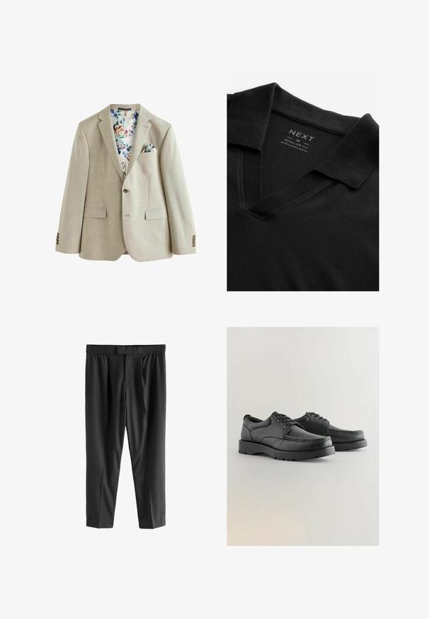 Blazer beige clair en tissu texturé, fermeture à bouton unique, deux poches avant et doublure à motif floral. Il dispose d'un mouchoir de poche.; Polo noir avec un col en V et un tissu texturé. Comprend un col plié et une étiquette affichant des informations sur la marque et la taille. Coupe régulière.; Next REGULAR FIT -CHECK SMART - Chino - black; Chaussures en cuir noir avec une tige texturée, bout rond, design à lacets et semelles en caoutchouc épaisses dotées d'un motif de semelle.
