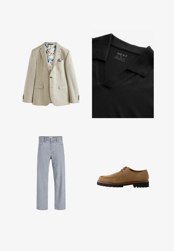 Svetlo béžový blazer s textúrovanou tkaninou, s jedným gombíkom, dvoma prednými vreckami a podšívkou s kvetinovým vzorom. Obsahuje vreckovku.; Čierne polo tričko s výstrihom do V a textúrovanou tkaninou. Obsahuje preložený golier a štítok s informáciami o značke a veľkosti. Štandardný strih.; Svetlomodré džínsy s uvoľneným strihom, rovný strih nohavíc, viditeľné stehy, dve predné vrecká a zapínanie na gombík.; Hnedé semišové šnurovacie topánky s okrúhlou špičkou, šitými detailmi a kontrastnou čiernou gumovou podrážkou s hlbokým dezénom pre lepšiu trakciu.