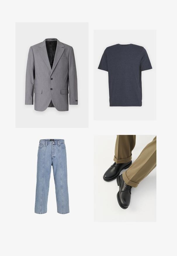 Šedý blazer s hladkou texturou, jednobarevný design, klopové límce, dva knoflíky a dvě boční kapsy; viditelná podšívka.; Navy modrá tričko s kulatým výstřihem vyrobené z jemné bavlněné směsi, s krátkými rukávy a regular fit. Žádné viditelné vzory ani akcenty.; Světle modré džíny z denimu s volným střihem, širokými nohavicemi a viditelnými švy. Obsahují zapínání na knoflík a zip, pět kapes.; Černé kožené společenské boty s hladkým povrchem, s tkaničkami a kulatou špičkou, kombinované s vykrojenými khaki kalhotami.