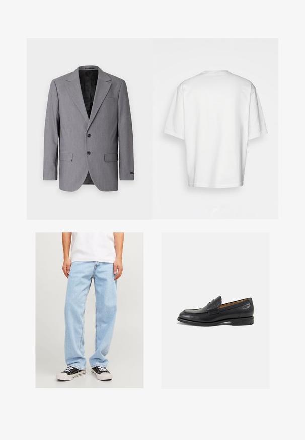 Gray blazer with a smooth texture, single-breasted design, notch lapels, two buttons, and two side pockets; lined interior visible.; White short-sleeve t-shirt, loose fit, round neckline, smooth cotton fabric, unembellished back, straight hemline, no patterns or accents.; Light blue denim jeans with a relaxed fit, featuring a straight leg design and standard stitching, paired with black sneakers.; Black leather loafers with a smooth finish, rounded toe, and decorative stitching on the vamp. Low stacked heel and slight shine.