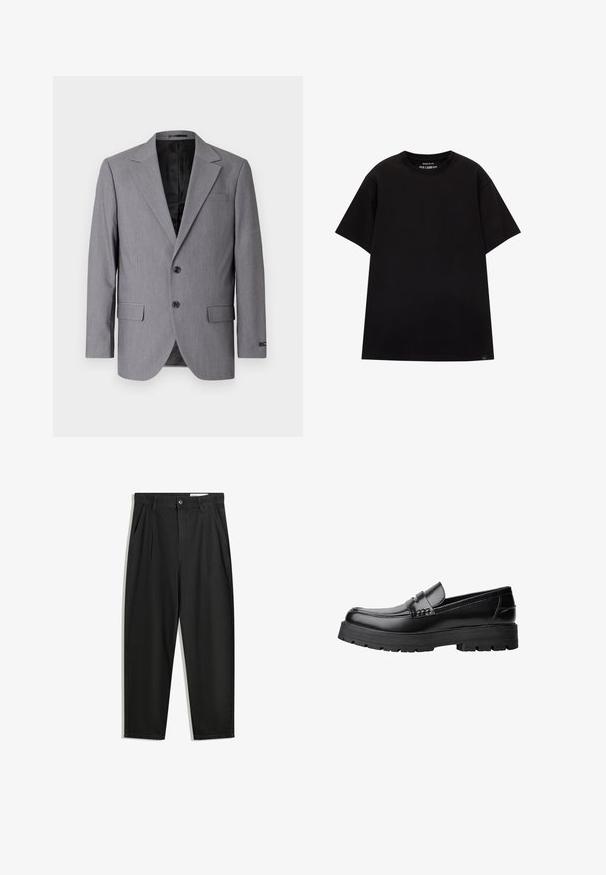 Szürke blézer sima textúrával, egygombos dizájnnal, bemetszett hajtókával, két gombbal és két oldalzsebbel; látható bélés.; PULL&BEAR JOIN LIFE - Basic póló - black; Fekete pamut nadrág laza szabással, klasszikus derékrésszel, elülső hajtásokkal és oldalsó zsebekkel. Simább textúra minta nélkül.; Fekete bőr loaferek vastag, bordázott talppal és díszcsíkkal az upper rész felett, bal oldali profilmódban, fehér háttér előtt.