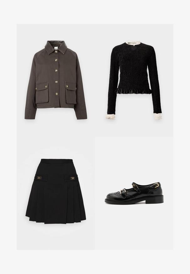 Rjava bombažna jakna s ovratnikom, sprednjim gumbom in dvema žepoma s klapnami. Ima zlate gumbe in kontrastne šive.; Črn dolg rokav vrh z teksturirano tkanino, nabranim robom in belimi nabranimi poudarki na ovratniku in manšetah. Ima osrednji zanka zapiranje.; Črna plisirana krila z zlatimi dodatki. Ima stranske žepe z logotipom, izdelana je iz gladkega materiala. A-linijska silhueta.; Črne usnjene čevlje z brogu podrobnostmi, ki vključujejo dva zaponka, okroglo konico in nizko peto. Gladka tekstura z sijočim zaključkom.