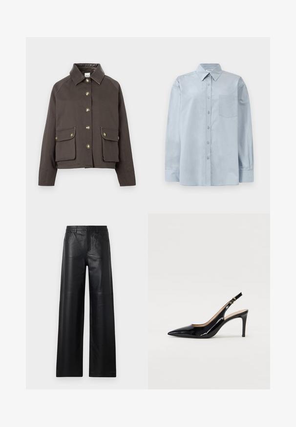 Brązowa bawełniana kurtka z kołnierzem, z przodu na guziki i dwiema kieszeniami z klapką. Posiada złote guziki i kontrastowe akcenty w szwie.; Jasnoniebieska, długosleeve koszula z guzikami, z wywijanym kołnierzykiem i kieszonką na piersi, leżąca na białym tle.; Szerokie czarne skórzane spodnie o gładkiej fakturze, z przednimi kieszeniami, zapięciem na guzik i subtelnymi detalami szycia.; Czarne lakierowane szpilki typu slingback z szpiczastym noskiem, smukłym obcasem i subtelnym wycięciem. Posiadają złotą klamrę na pasku.