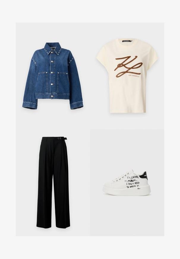 Sininen farkkutakki, jossa on lyhyt leikkaus, terävä kaulus, hopeiset painonapit ja kaksi etutaskua. Kauluksessa on koristeellisia niittejä.; Kermanvärinen puuvillapaita, jossa on lyhyet hihat. Edessä on ruskea brodeerattu logo ja kirjoitussuunnittelu.; Mustat leveät housut korkealla vyötäröllä, etuosassa laskokset ja soljellinen vyö. Valmistettu sileästä ja kevyestä kankaasta.; Valkoiset alustakengät mustilla yksityiskohdilla, joissa on teksturoitu pohja ja käsinkirjoitettu teksti sivuilla. Sileä nahkamateriaali.