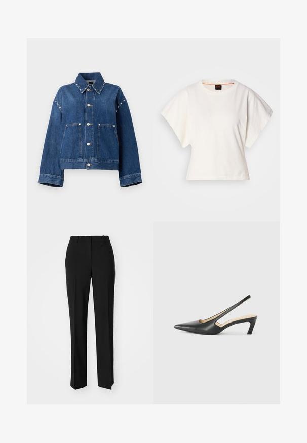 Jaqueta de ganga azul com um corte cropped, colarinho pontudo, botões de pressão prateados e dois bolsos frontais. Apresenta tachas decorativas ao longo do colarinho.; T-shirt branco cropped, mangas curtas e largas, material de algodão suave, decote redondo com um discreto acabamento laranja, design minimalista, sem padrões ou gráficos.; Calças pretas de corte ajustado com um design de perna reta, apresentando uma textura lisa e pregas bem definidas na frente. Sem hardware visível.; Sandal com bico fino e calcanhar baixo, em couro liso, com um design recortado na lateral para respirabilidade.