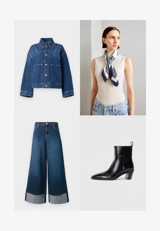 Modra kavbojka z skrajšanim krojem, z nazobčanim ovratnikom, srebrnimi zapiralnimi gumbi in dvema sprednjima žepoma. Ima dekorativne natančnega nakita ob ovratniku.; Siv špagetasti top s okroglim izrezom in širokimi naramnicami. Tkanina je mehke teksture in prilega se telesu.; Široke denim hlače temnega pranja z zbledelim zaključkom. Imajo surov hem in svetlejši denim manšeto. Vključujejo sprednje žepke in gumbasto zapiranje.; Črne usnjene gležnjarje s koničastim prstom, geometrijsko oblikovanim zloženim peto in zanko na hrbtni strani. Gladka tekstura in eleganten dizajn.; Svila šal v temno modri in beli barvi z geometrijskim cikcakom. Gladka tekstura, lepo zavezan okoli vratu, ki dopolnjuje rebrasto majico.