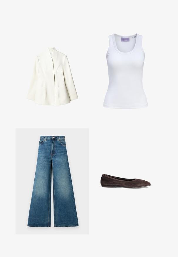NA-KD Blazer - white; Hvid ribbet tanktop med rund halsudskæring og smalle stropper. Mærke på halsen i lyse lilla. Størrelsesmærke synligt.; Høj- og bredbenede jeans i falmet blå denim med knaplukning, bæltesløjfer og to forlommer.; Brune ruskinds ballerina med spids tå og lav profil. Har en glat tekstur og minimalistisk design. Ingen synlig hardware eller accenter.