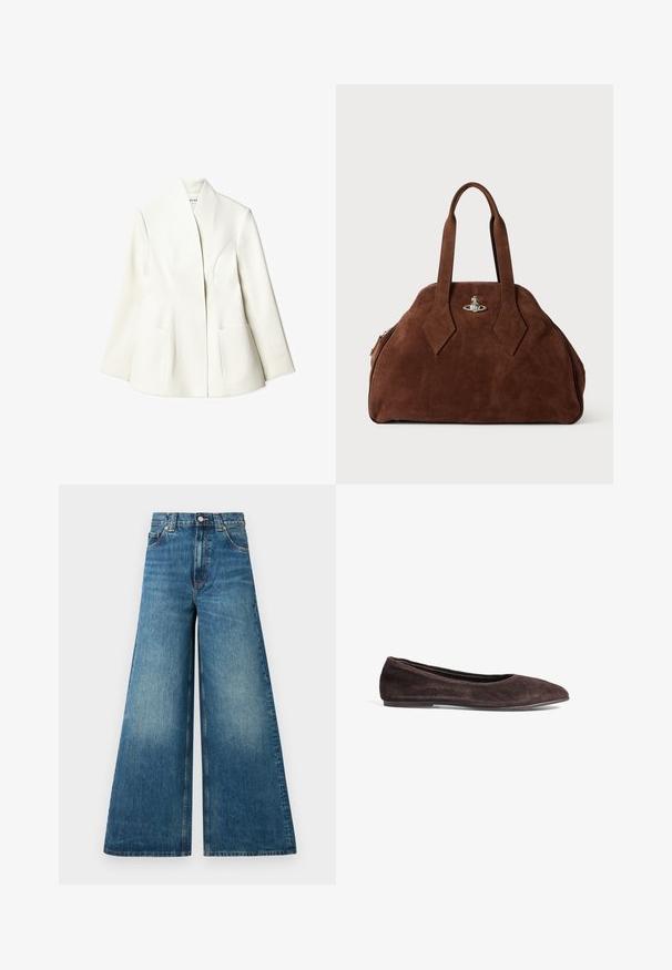 NA-KD Bleiser - white; Valge ribadega tanke, millel on ümmargune kaelus ja kitsad õlapaelad. Kaeluses kerge lilla silt. Suuremärgis on nähtav.; Kõrgelt vöödiga laia säärega teksad pleekinud sinisest denimist, millel on nööbiga sulgumine, vööaasad ja kaks esikotid.; Pruun suede ballett-kingad terava ninaga ja madala profiiliga. Omab siledat tekstuuri ja minimalismi disaini. Ei sisalda nähtavat riistvara ega aktsente.; Pruun nahast käekott, millel on struktureeritud kuju, ümar keha ja piklikud rombikujulised käepidemed. Varustatud hõbedase riistvaraga lukuga.