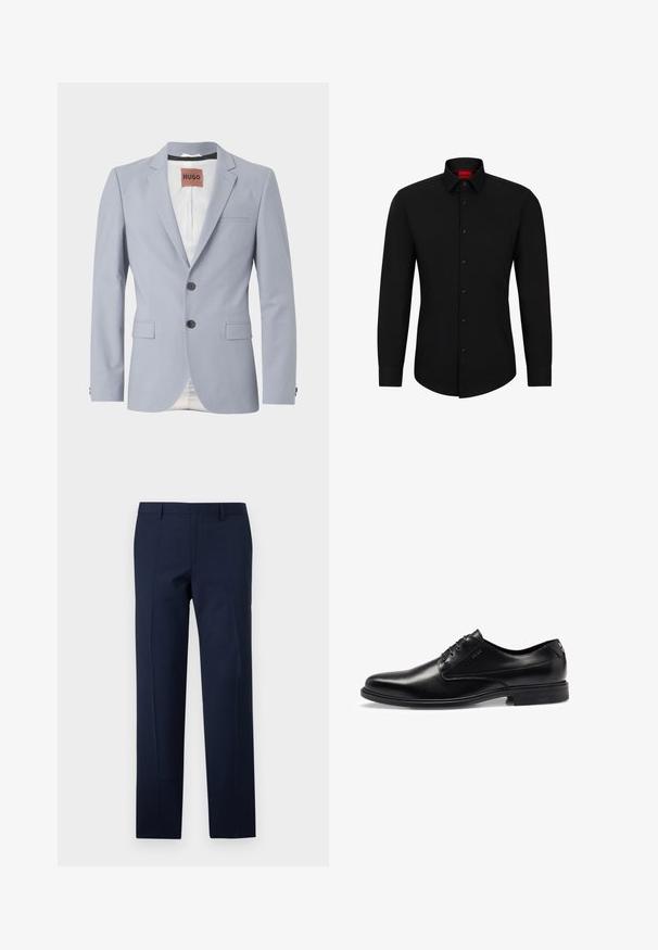 Helles blaues maßgeschneidertes Blazerjackett aus glattem Stoff mit Reverskragen, zwei vorderen Taschen, Drei-Knopf-Verschluss und subtilem weißen Futter.; Schwarzes Langarmhemd mit Knopfleiste, klassischem Kragen und abgerundetem Saum; verfügt über schwarze Knöpfe und ein rotes Logo im Kragen.; Nachtschwarze Hose mit tailliertem Schnitt, die eine glatte Textur, scharfe Falten und ein flaches Frontdesign aufweist. Verdeckter Reißverschluss.; Schwarze Leder-Oxfords mit glatter Oberfläche, Schnürdesign, runder Zehenform und dezenten Nähdetails. Mit einer schwarzen Gummisohle.