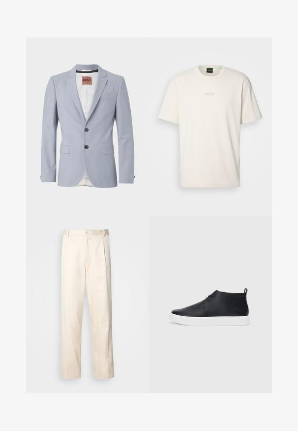 Svijetloplava stilizirana blazer jakna od glatkog materijala s izrezanim reverima, dva prednja džepa, zatvaranjem na tri gumba i suptilnom bijelom podšivom.; BOSS TEE - Osnovna majica kratkih rukava - open white; Bežaste pamučne hlače ravnog kroja s kopčanjem na dugme i plisiranjima sprijeda za dodatni detalj.; Crne kožne visoke tenisice s glatkom završnom obradom, bijelim gumene potplate i jednostavnim dizajnom vezanja. Imaju povlačenje na stražnjem dijelu.