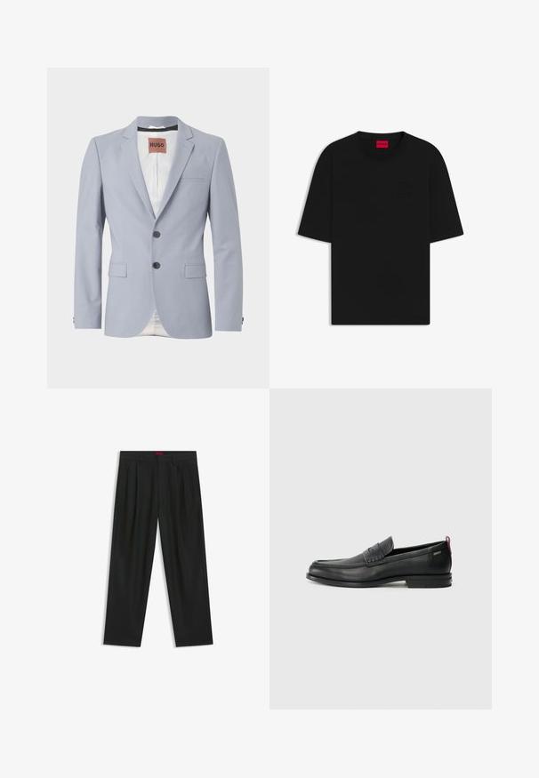 Lichtblauwe op maat gemaakte blazer van gladde stof met revers, twee voorzakken, sluiting met drie knopen en subtiele witte voering.; Zwarte korte mouwen t-shirt gemaakt van katoen, met een ronde hals en een reliëflogo op de voorkant, met een relaxte, losse pasvorm.; Zwarte broek met een geplooid ontwerp, wijde pijpen en een zachte textuur. Voorzien van een rode taillebandlabel.; Zwarte leren instappers met een textuur aan de voorkant en gladde zijden. Voorzien van een slanke hak en een lus aan de achterkant voor gemakkelijk aan- en uittrekken. Klassiek ontwerp.