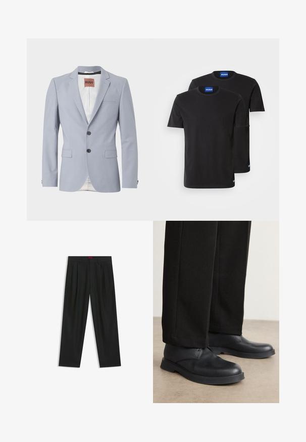 Vaaleansininen räätälöity bleiseri sileässä kankassa, jossa on läpälliset kaulukset, kaksi etutaskua, kolme nappia edessä ja hienovarainen valkoinen vuori.; Kaksi mustaa puuvillapaitaa, joissa on pyöreät kaula-aukot, lyhyet hihat ja siniset "HUGO" -tarrat kaula-aukossa ja sivusaumassa.; Mustat housut, joissa on poimutettu muotoilu, leveä lahjetyyppi ja sileä pinta. Varustettu punaisella vyötärötagilla.; Mustat nahkakengät, joissa on pyöreä kärki, litteä pohja ja minimaalinen koristelu. Yhdistettyihin korkealaatuisesti tehtyihin mustiin housuihin, jotka näyttävät sileiltä.