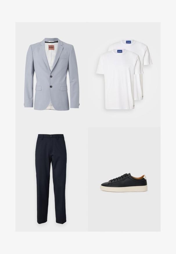 Blazer entallado de color azul claro en tejido suave con solapas de muesca, dos bolsillos frontales, cierre de tres botones y un sutil forro blanco.; Camisas de algodón blancas con cuello redondo y mangas cortas, etiquetadas con etiquetas azules de "HUGO" en los cuellos y pequeños detalles en el dobladillo.; Pantalones azul marino de tejido suave, con botón delantero, diseño de pierna recta y bolsillos laterales. Sin patrones ni adornos visibles.; Zapatillas negras de cuero con una textura suave, suela de goma beige, diseño de cordones y un acento en el talón de color contrastante.