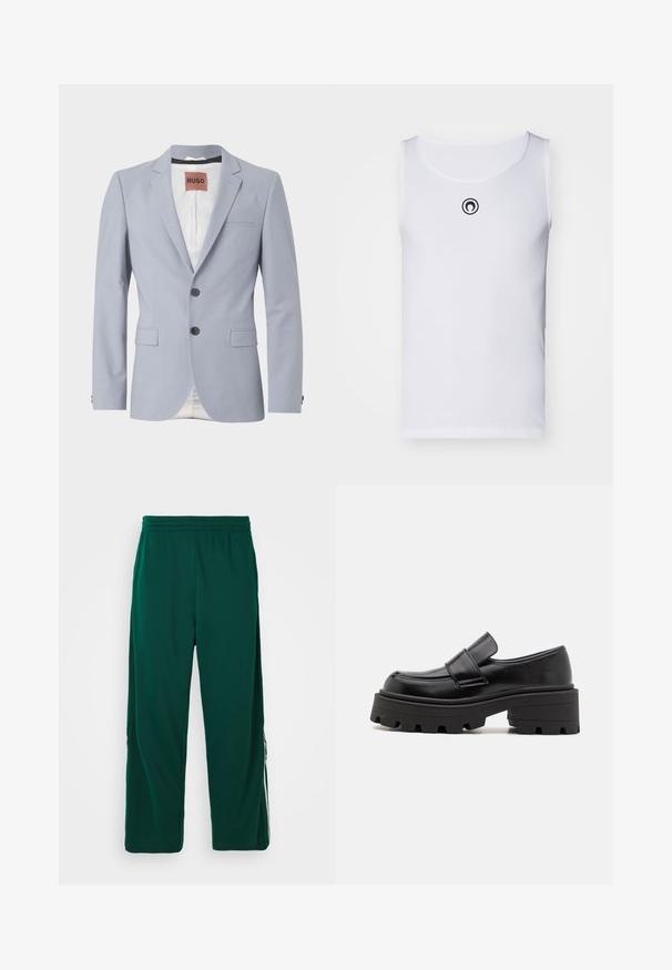 Svijetloplava stilizirana blazer jakna od glatkog materijala s izrezanim reverima, dva prednja džepa, zatvaranjem na tri gumba i suptilnom bijelom podšivom.; Bijela bezrukavna majica od rebraste tkanine, sa okruglim izrezom i malim crnim logotipom na prsima.; Zelene, lagane hlače s elastičnim pojasom i opuštenim krojem. Imaju bočne džepove i bijelu prugu duž bokova.; Crne kožne mokasine s masivnom gumenom potplatom, s podignutom platformom i trakicom preko gležnja. Glatka površina i okrugli oblik.