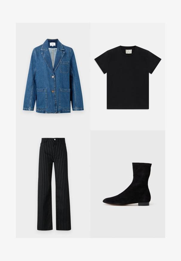 Sacou din denim albastru cu două buzunare exterioare, un buzunar pe piept, două butoane maro și guler cu vârfuri.; Tricou negru cu mânecă scurtă și guler rotund, având un etichetă albă în interiorul gulerului, inscripționată cu "D.R.C. EST. 2002" pe un fundal alb.; Pantaloni negri cu croi larg, cu dungi verticale albastre, având un design clasic cu cinci buzunare și închidere cu nasture în față.; Cizme scurte din suede negre, cu un știft ajustat, vârful ascuțit și un toc mic, pătrat. Textură netedă și design minimalist, potrivite pentru un stil versatil.