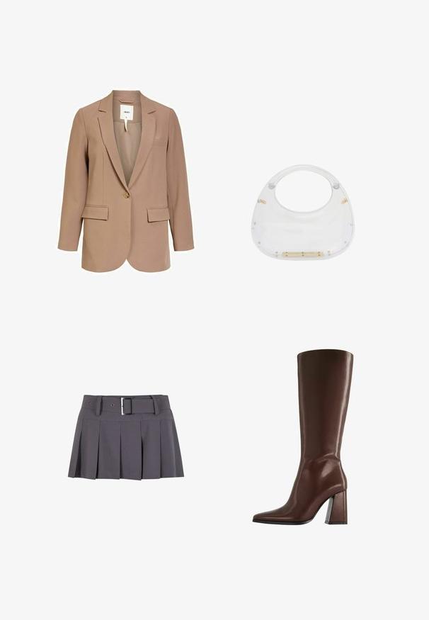 Beige blazer made of smooth fabric, featuring a single button closure, two front pockets, and a notched lapel design.; Sleeveless light green top made of smooth fabric, featuring a high neck and a fitted silhouette. No visible hardware or patterns.; Gray pleated mini skirt with a smooth texture, featuring a wide waistband, belt loops, and a rectangular silver buckle detail.; Brown knee-high leather boot with pointed toe and chunky mid-height heel shown in side profile on white background.; Clear acrylic bag with a rounded top and open handle. Features gold hardware details and a smooth, polished surface.; Gold-colored chain with a lobster clasp and a small tag reading "PILGRIM." Features a smooth, textured finish and a sleek, elongated design.