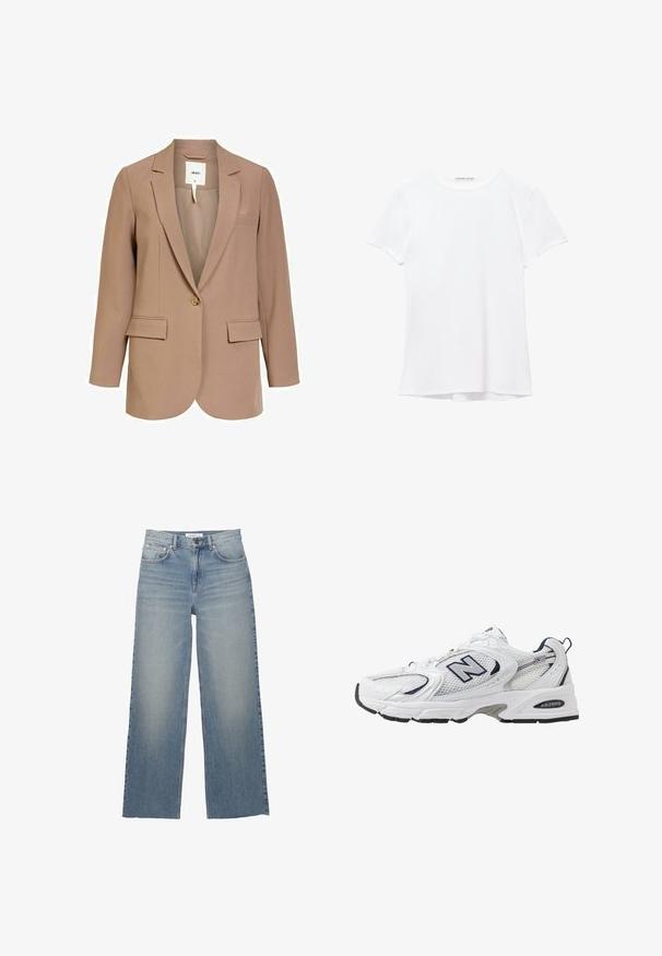 Blazer beige realizzato in tessuto liscio, caratterizzato da una chiusura con un solo bottone, due tasche frontali e un design con rever a punta.; T-shirt bianco a maniche corte realizzato in tessuto liscio, caratterizzato da un colletto rotondo e dettagli di cucitura discreti all'orlo.; Jeans a gamba larga di un azzurro chiaro, realizzati in denim, con vita alta, tasche frontali e chiusura con bottone. Texture liscia con zone sbiadite.; Scarpa sportiva bianca con tomaia in mesh, dettagli in blu marino e suola imbottita. Presenta il logo "N", lacci e dettaglio texturizzato sul lato.