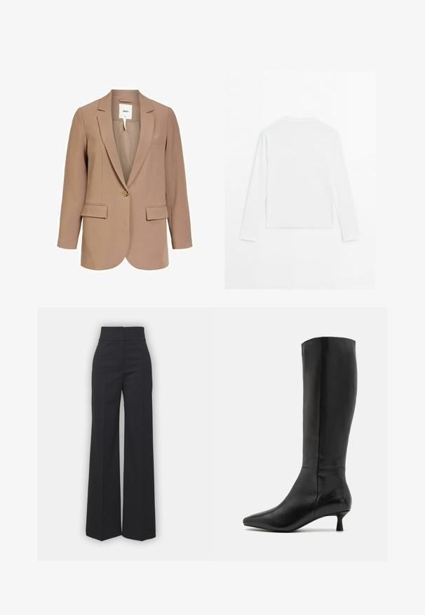 Beige Blazer aus glattem Stoff, mit einem einzelnen Knopfverschluss, zwei Fronttaschen und einem Reverskragen-Design.; Schlichtes weißes Langarmshirt mit Rundhalsausschnitt, von hinten gezeigt, flach auf einem weißen Hintergrund ausgelegt.; Weite Hosen aus schwarzem Stoff mit hohem Bund, die eine saubere Verarbeitung und glatte Textur aufweisen. Keine sichtbaren Beschläge oder Muster.; Zign Stiefel - black