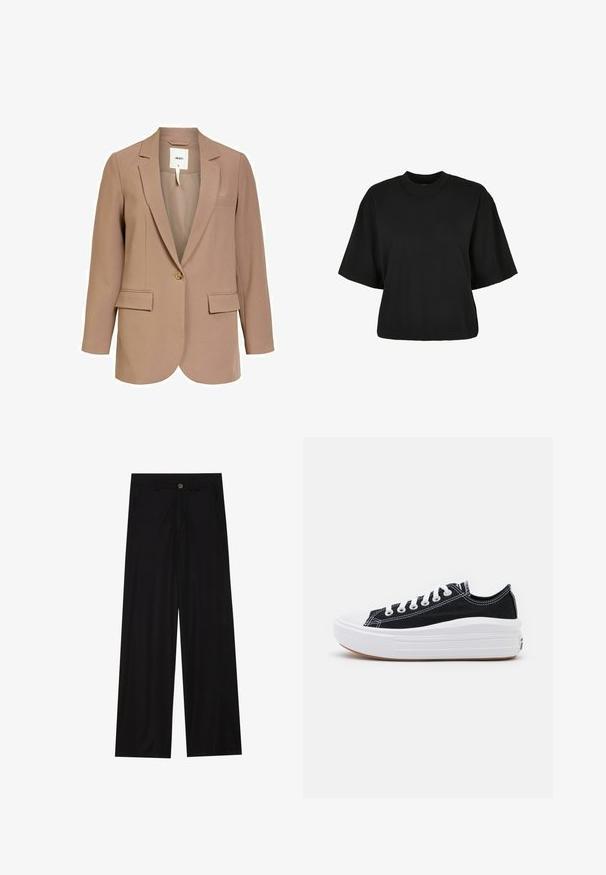 Beige sako vyrobené z hladkého materiálu, s jedním knoflíkem, dvěma předními kapsami a klopami s výřezem.; Černé zkrácené tričko vyrobené z bavlny. Má krátké rukávy a kulatý výstřih. Hladký povrch s jednoduchým designem, bez dalších vzorů.; Široké černé kalhoty vyrobené z hladkého materiálu, s předními kapsami a zapínáním na knoflík v pase. Minimalistický design bez vzorů.; Černé plátěné tenisky s bílými tkaničkami, bílým gumovým špičkovým krytem a masivní bílou střední podrážkou. Mají jemné bílé švy a gumovou podešev.