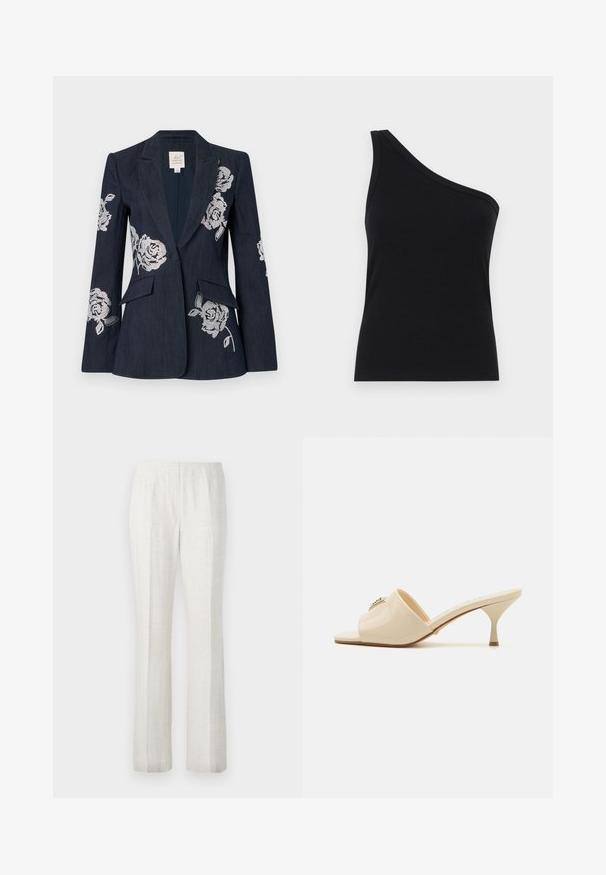 Cinq à Sept HEATSET ROSES CHEYENNE - Bleizeris - indigo; Juosmens juodos spalvos ribotuvas su viena petnešėle, tinkamu dizainu ir minkšta tekstūra. Išskirtinis švarus, minimalistinis kirpimas ir sklandus iškirpimas.; Šviesios spalvos tiesios kojų kelnės su lygiu paviršiumi, turinčios priekinę raukšlę ir tvarkingą juosmens dizainą.; Smėlio spalvos patentuotas odinis atviras mules tipo sandalai su žemu stiletto kulnu. Zentralinis dekoratyvinis akcentas priekyje. Lygi, blizgi apdaila.
