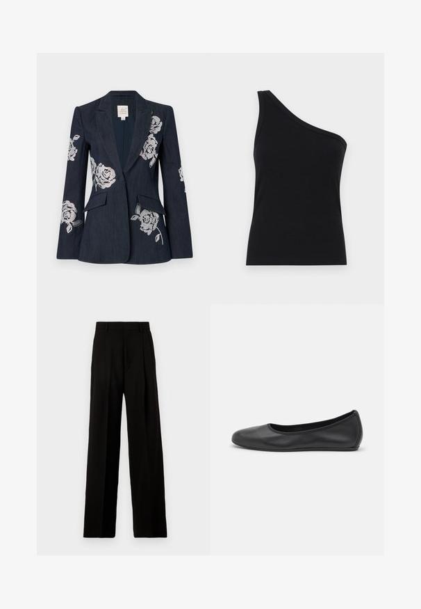 Cinq à Sept CHEYENNE niebieski; Czarny, prążkowany top na jedno ramię o dopasowanym kroju i miękkiej teksturze. Posiada elegancki, minimalistyczny fason i gładki dekolt.; Czarne spodnie typu wide-leg wykonane z gładkiego materiału, z wysokim stanem, plisami z przodu i czystym, dopasowanym krojem bez ozdób.; Czarne skórzane baletki z zaokrąglonym noskiem, gładką fakturą, minimalnymi przeszyciami i elastycznym designem podeszwy.